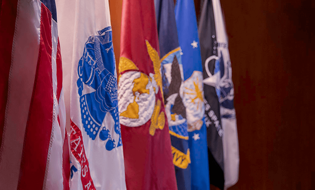 The U.S. military branch flags standing next to each other.